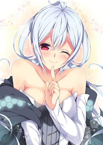 Anime picture 1100x1539 with phantasy star phantasy star online 2 sega matoi (pso2) milkpanda single long hair tall image looking at viewer blush light erotic red eyes bare shoulders white hair one eye closed wink girl dress