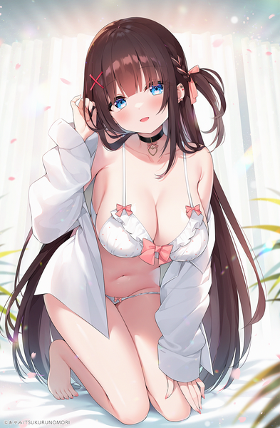 Anime picture 1300x1983 with virtual youtuber indie virtual youtuber ayamy (vtuber) ayami (annahibi) single long hair tall image looking at viewer blush fringe breasts open mouth blue eyes light erotic smile brown hair large breasts cleavage full body blunt bangs