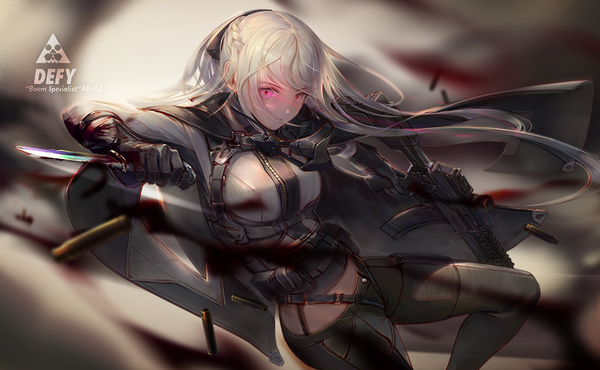 Anime picture 877x542 with girls frontline ak-12 (girls frontline) chowbie single long hair looking at viewer fringe breasts wide image holding payot silver hair braid (braids) pink eyes blurry depth of field floating hair glowing glowing eye (eyes) fighting stance