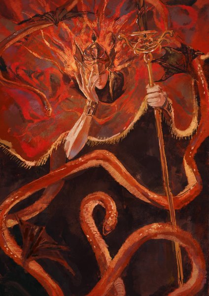 Anime picture 1448x2048 with elden ring messmer the impaler chenyangforone single long hair tall image looking at viewer standing holding red hair floating hair boy weapon animal cape helmet spear snake reptile