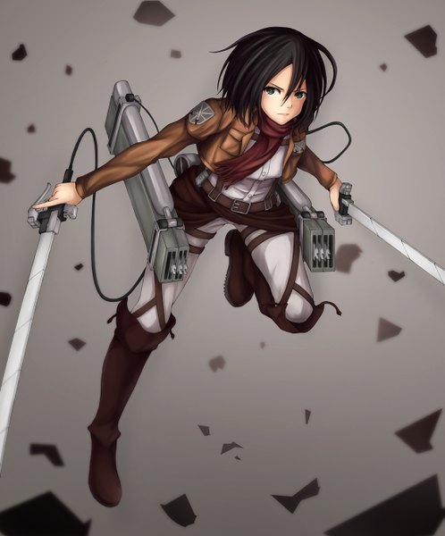 Anime picture 1121x1350 with shingeki no kyojin production i.g mikasa ackerman willgoon (artist) single tall image short hair black hair holding black eyes grey background open clothes open jacket dual wielding girl weapon sword boots belt scarf