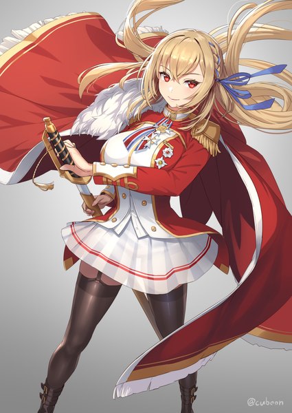 Anime picture 752x1062 with azur lane king george v (azur lane) mismi single long hair tall image looking at viewer blush fringe breasts simple background blonde hair smile hair between eyes red eyes standing holding signed payot full body