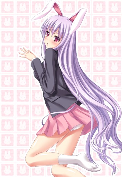 Anime picture 1000x1446 with touhou reisen udongein inaba tomifumi single long hair tall image blush light erotic red eyes purple hair bunny ears pantyshot girl skirt miniskirt socks white socks