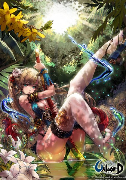 Anime picture 1500x2146 with unleashed qbspdl single long hair tall image looking at viewer highres breasts blue eyes light erotic brown hair twintails sunlight legs girl thighhighs dress hair ornament weapon plant (plants)