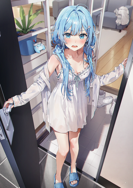 Anime-Bild 4000x5646 mit virtual youtuber stellive arahashi tabi kellymonica02 single long hair tall image looking at viewer blush fringe highres open mouth blue eyes standing twintails blue hair absurdres full body ahoge indoors