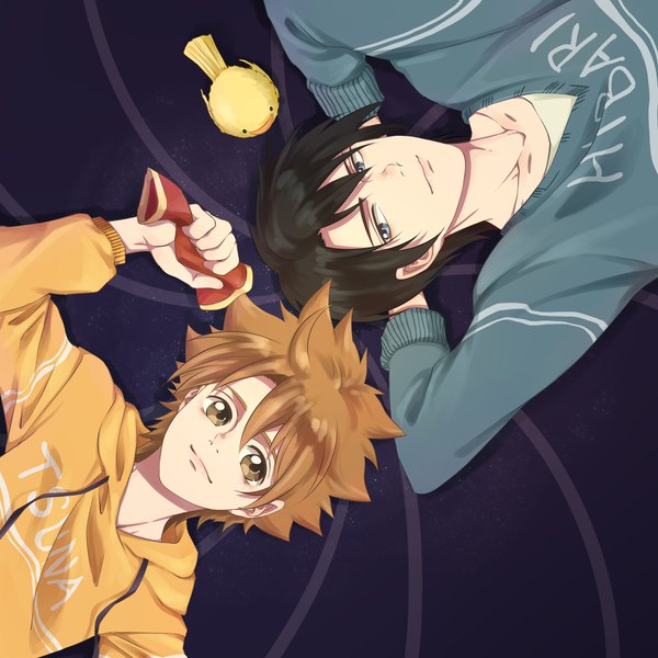 Anime picture 4000x4000 with katekyou hitman reborn sawada tsunayoshi hibari kyouya hibird tanako (645316096) looking at viewer fringe highres short hair blue eyes black hair hair between eyes brown hair holding yellow eyes absurdres upper body lying from above light smile