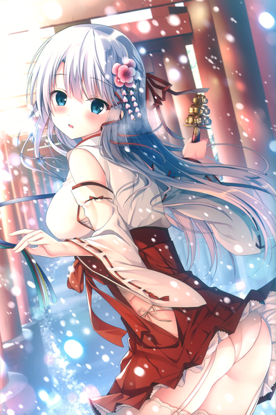 Anime picture 2019x3035 with twinbox school sousouman single long hair tall image looking at viewer blush fringe highres breasts open mouth blue eyes light erotic standing holding ass outdoors white hair traditional clothes japanese clothes