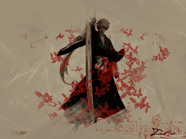 Anime picture 1024x768 with bleach studio pierrot kurosaki ichigo single looking at viewer short hair open mouth simple background blonde hair smile signed black eyes inscription angry boy weapon sword socks shoes belt