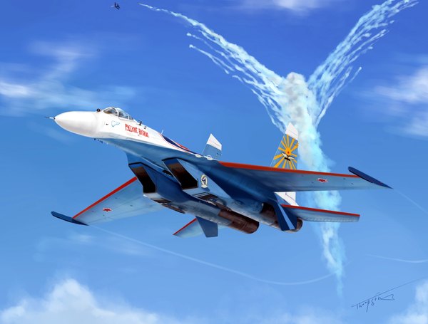 Anime picture 2048x1556 with original thompson highres signed sky cloud (clouds) flying russian weapon airplane jet su-27
