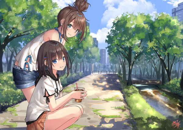 Anime picture 1529x1087 with original miko fly looking at viewer blush fringe short hair blue eyes smile hair between eyes brown hair standing bare shoulders multiple girls holding signed sky cloud (clouds) outdoors pleated skirt sunlight