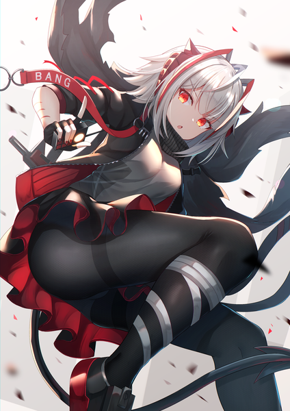 Anime picture 1654x2339 with arknights w (arknights) f (milfaaaaa) single tall image looking at viewer fringe short hair open mouth light erotic simple background red eyes holding silver hair ahoge tail nail polish horn (horns) open jacket :o