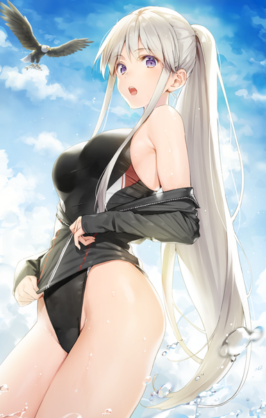 Anime picture 703x1100 with azur lane enterprise (azur lane) tokki single long hair tall image looking at viewer blush fringe breasts open mouth light erotic hair between eyes purple eyes bare shoulders payot sky silver hair cloud (clouds) outdoors