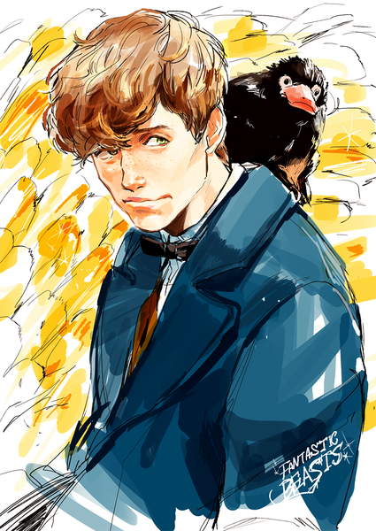 Anime picture 708x999 with fantastic beasts and where to find them newt scamander niffler koujisako single tall image short hair brown hair green eyes looking away upper body realistic copyright name portrait freckles animal on shoulder boy bowtie creature