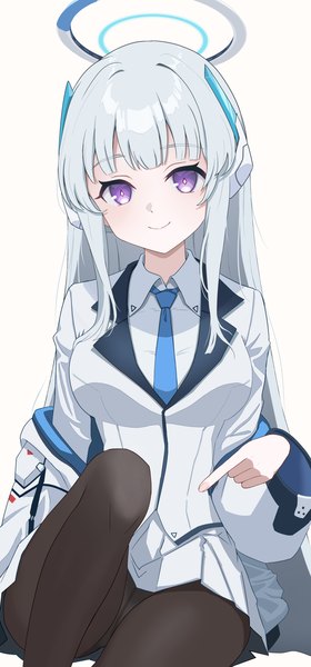 Anime picture 900x1930 with blue archive noa (blue archive) udon f single long hair tall image looking at viewer light erotic simple background smile white background sitting purple eyes silver hair head tilt pointing girl pantyhose necktie black pantyhose