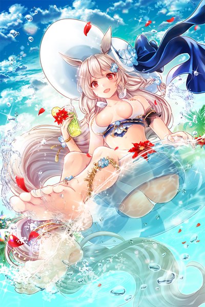 Anime-Bild 900x1350 mit houchi shoujo gongsun zan (houchi shoujo) kempin single tall image looking at viewer blush breasts open mouth light erotic blonde hair smile red eyes large breasts sitting bare shoulders holding animal ears sky cleavage