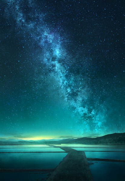 Anime picture 1042x1514 with original mks tall image night night sky mountain no people landscape scenic field milky way water star (stars) power lines rice paddy