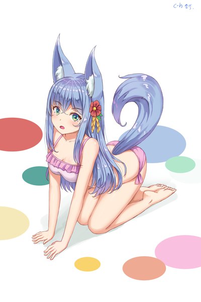 Anime-Bild 1135x1700 mit original kemo (pokka) single long hair tall image looking at viewer blush fringe breasts open mouth light erotic simple background hair between eyes white background bare shoulders green eyes animal ears payot blue hair cleavage