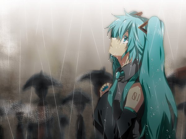 Anime picture 1501x1124 with vocaloid hatsune miku marirero a twintails very long hair aqua eyes aqua hair tears looking up rain girl detached sleeves