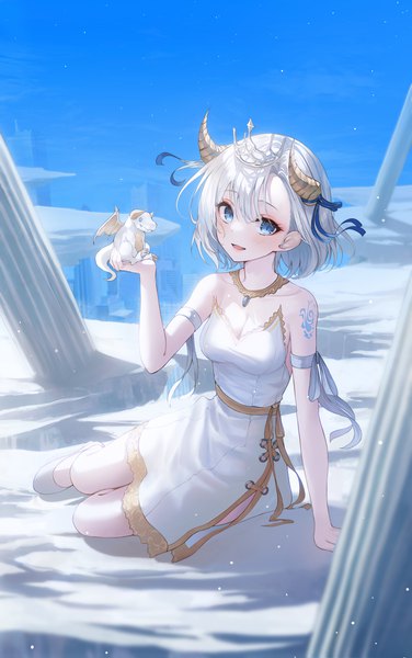 Anime picture 3078x4913 with original kerno single tall image looking at viewer blush fringe highres short hair breasts open mouth blue eyes smile hair between eyes sitting absurdres cleavage silver hair :d horn (horns)