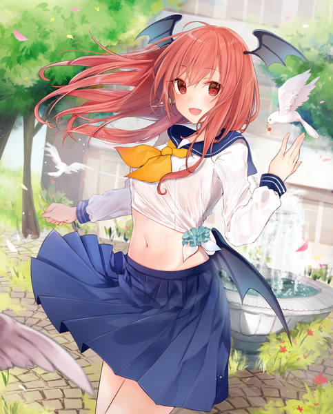 Anime picture 806x1000 with touhou koakuma natsuki (ukiwakudasai) single long hair tall image looking at viewer blush fringe open mouth hair between eyes red eyes standing ahoge outdoors red hair long sleeves :d pleated skirt wind