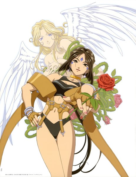 Anime picture 3244x4212 with aa megami-sama anime international company peorth gorgeous rose tall image highres short hair open mouth blonde hair brown hair white background multiple girls brown eyes absurdres scan facial mark girl gloves navel flower (flowers)
