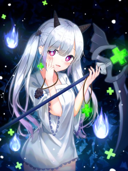 Anime picture 1500x2000 with original seero single long hair tall image looking at viewer blush fringe open mouth hair between eyes standing purple eyes twintails holding payot silver hair head tilt horn (horns) wide sleeves symbol-shaped pupils