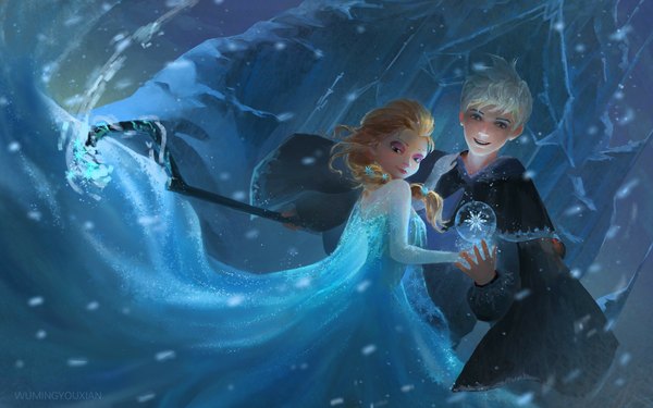 Anime picture 1920x1200 with frozen (disney) rise of the guardians disney dreamworks elsa (frozen) jack frost (rise of the guardians) tagme (artist) long hair highres short hair blonde hair smile white hair looking back wind orange hair couple hug holding hands snowing