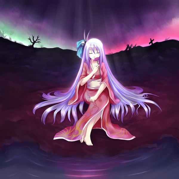 Anime picture 1024x1024 with original atomix single sitting sky silver hair eyes closed very long hair japanese clothes barefoot glow girl hair ornament flower (flowers) plant (plants) tree (trees) water kimono cross skull
