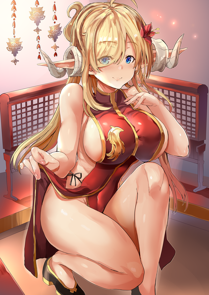 Anime picture 850x1200 with original himuro (dobu no hotori) single long hair tall image looking at viewer blush fringe breasts blue eyes light erotic blonde hair smile bare shoulders payot ahoge indoors traditional clothes hair flower horn (horns)