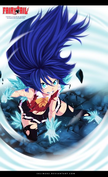 Anime picture 1154x1893 with fairy tail wendy marvell salim202 single long hair tall image looking at viewer blue hair pleated skirt aqua eyes from above wind inscription loli tattoo grin torn clothes coloring magic angry