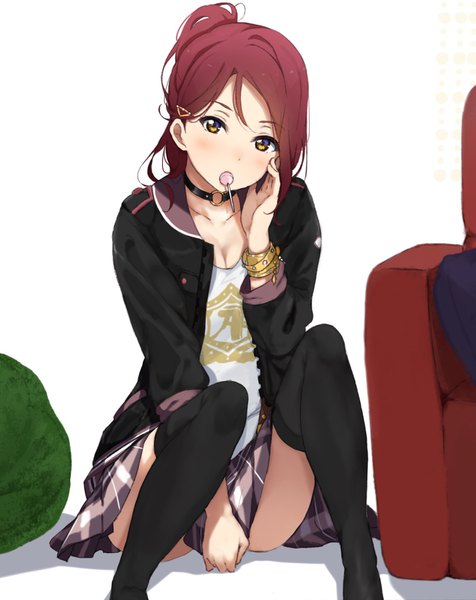 Anime picture 1397x1760 with love live! sunshine!! sunrise (studio) love live! sakurauchi riko icehotmilktea single long hair tall image looking at viewer blush fringe breasts light erotic simple background hair between eyes white background sitting holding yellow eyes cleavage