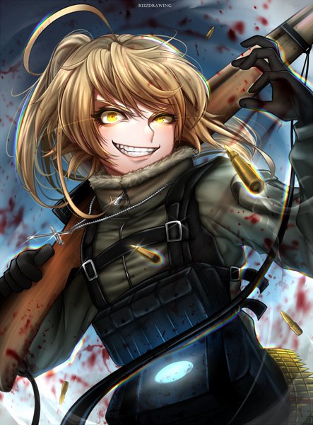 Anime picture 757x1024 with youjo senki tanya degurechaff reiz single tall image looking at viewer fringe short hair blonde hair smile yellow eyes lips sparkle from below crazy smile girl gloves uniform weapon black gloves