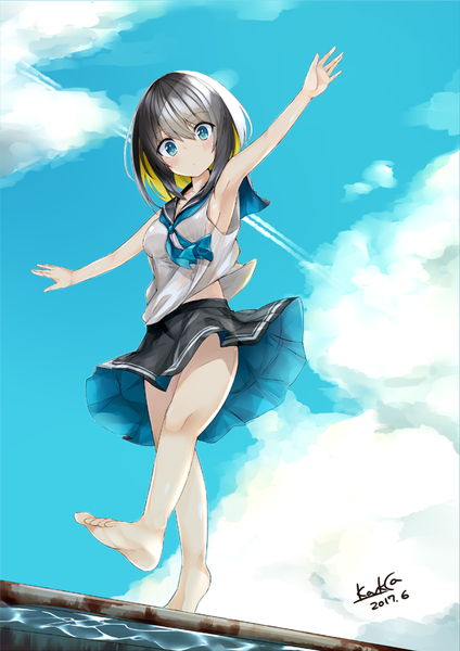 Anime picture 600x848 with original kavka single tall image looking at viewer blush fringe short hair blue eyes light erotic black hair blonde hair hair between eyes signed sky cloud (clouds) full body pleated skirt multicolored hair barefoot