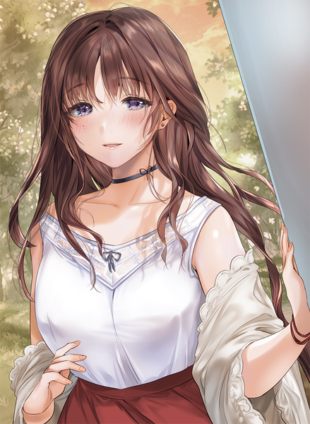 Anime picture 800x1094 with original yanyo (ogino atsuki) single long hair tall image looking at viewer blush fringe breasts open mouth smile hair between eyes brown hair standing purple eyes sky cloud (clouds) upper body outdoors fingernails