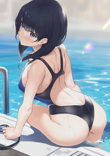 Anime picture 1322x1872 with gridman universe ssss.gridman studio trigger takarada rikka parfaitlate single long hair tall image looking at viewer blush fringe breasts blue eyes light erotic black hair hair between eyes ass looking back from behind partially submerged