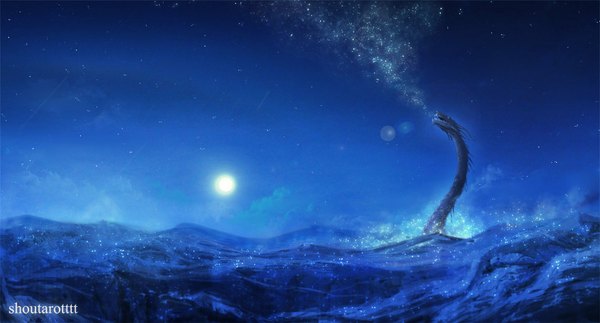 Anime picture 1856x1000 with original shoutarotttt highres wide image signed sky night mountain no people fantasy fog moon star (stars) full moon dragon