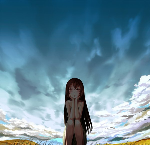 Anime picture 1000x963 with original throtem long hair blush open mouth brown hair sitting sky cloud (clouds) bent knee (knees) pink eyes arm support looking up girl dress sundress