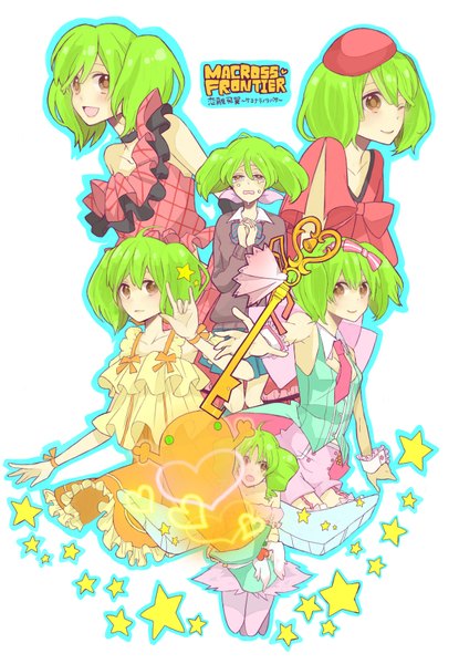 Anime picture 1200x1734 with macross macross frontier macross frontier: sayonara no tsubasa ranka lee gomi chiri tall image short hair smile white background twintails brown eyes green eyes ahoge copyright name short twintails multiple persona girl necktie star (symbol) teardrop