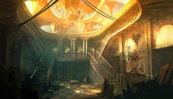 Anime picture 1500x857 with original antifan real (artist) wide image indoors sunlight destruction stairs chandelier