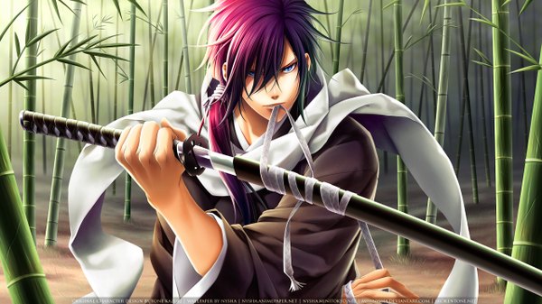 Anime picture 2560x1440 with hakuouki shinsengumi kitan studio deen saito hajime missnysha single long hair highres blue eyes wide image purple hair mouth hold samurai boy weapon plant (plants) sword katana blood bandage (bandages) bamboo