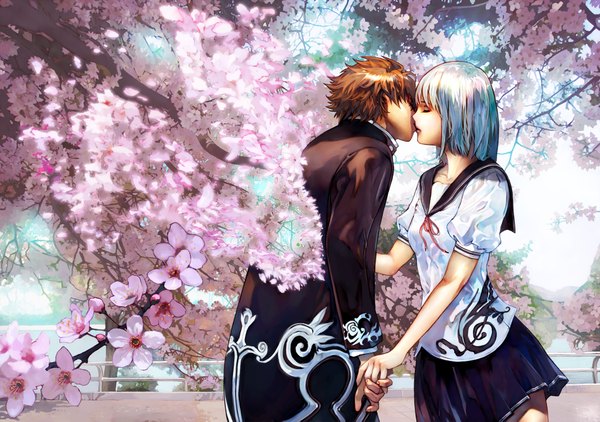 Anime picture 1900x1339 with original hokoodo hoppang highres short hair brown hair blue hair outdoors eyes closed couple cherry blossoms holding hands kiss girl boy serafuku