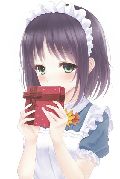 Anime picture 570x851 with bemani hinabita kasuga sakiko megimegyo single tall image blush fringe short hair simple background white background green eyes purple hair short sleeves maid embarrassed girl uniform flower (flowers) gift