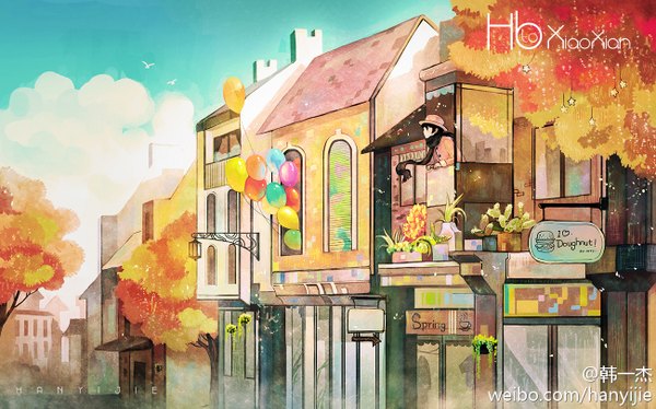 Anime picture 1300x812 with original hanyijie single black hair wide image looking away sky cloud (clouds) text autumn girl flower (flowers) hat animal scarf bird (birds) leaf (leaves) building (buildings) star (stars) coat