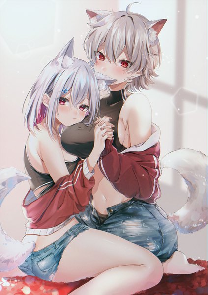 Anime picture 2887x4093 with original harui (hr x9 ) long hair tall image looking at viewer blush fringe highres short hair breasts light erotic hair between eyes red eyes large breasts sitting bare shoulders multiple girls animal ears payot silver hair