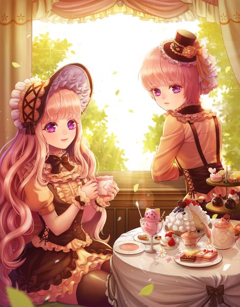 Anime picture 1000x1277 with original jsr long hair tall image short hair sitting purple eyes multiple girls pink hair girl thighhighs dress black thighhighs 2 girls hat food sweets leaf (leaves) bonnet cup
