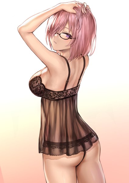 Anime picture 1302x1842 with fate (series) fate/grand order mash kyrielight mashuu (neko no oyashiro) single tall image looking at viewer blush fringe short hair breasts light erotic simple background large breasts standing purple eyes pink hair ass parted lips looking back