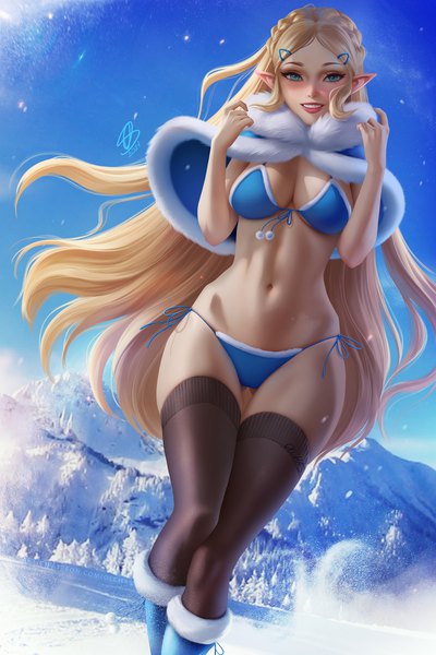 Anime picture 1333x2000 with the legend of zelda nintendo princess zelda olchas single tall image looking at viewer blush breasts blue eyes light erotic blonde hair smile large breasts standing signed payot sky cleavage outdoors