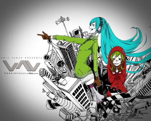 Anime picture 1280x1024 with vocaloid matryoshka (vocaloid) hatsune miku gumi tagme (artist) long hair open mouth smile multiple girls profile green hair aqua hair grey background multicolored eyes face paint polychromatic girl gloves 2 girls jacket
