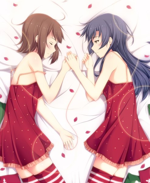 Anime picture 1000x1215 with idolmaster idolmaster (classic) kisaragi chihaya amami haruka hiiragi hajime long hair tall image blush short hair smile brown hair bare shoulders multiple girls yellow eyes purple hair lying eyes closed holding hands sleeping face to face