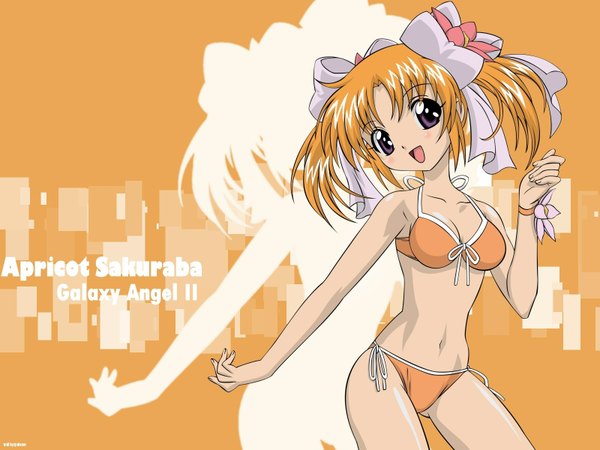 Anime picture 1600x1200 with galaxy angel galaxy angel rune madhouse apricot sakuraba shinohara kenji single short hair open mouth light erotic purple eyes twintails :d orange hair copyright name character names short twintails ass visible through thighs orange background girl bow